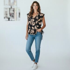 Scotch Soda Maison Scotch Black‎ Floral Ruffle V Neck Tie Side Blouse Women's M
